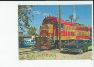 Cuban Locomotive Moving Between 2 Vintage Automobiles Framable Postcard