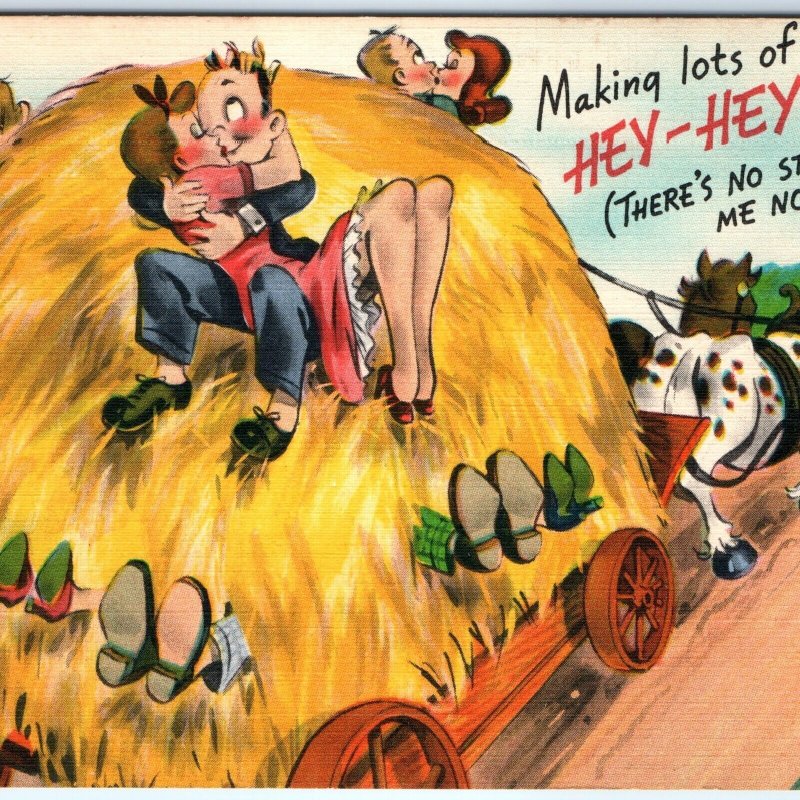 c1940s Making Hey Romantic Couples Kiss Hay Anthropomorphic Smiling Horse PC A80
