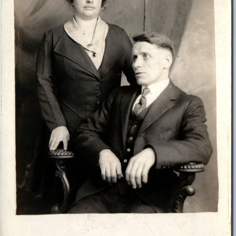 c1920s Man Woman Couple Portrait RPPC Fancy Chair Lady Gentleman Real Photo A214