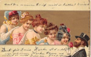 B086 Love Romance Beauties Women in row for gentleman roses 1901 postcard