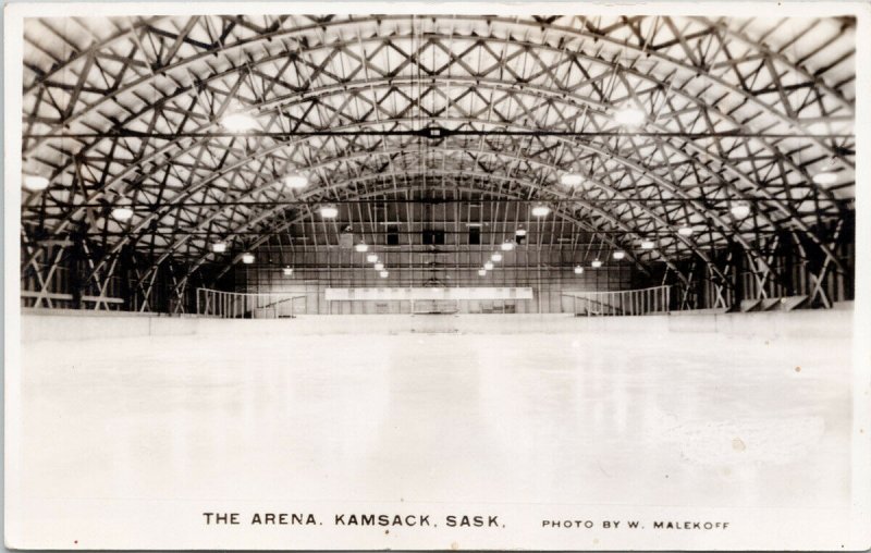 Kamsack SK The Arena Ice Hockey Rink Skating Unused Malekoff RPPC Postcard G34