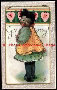 Go Away, HI Robbins No 317, Smiling Girl Standing Next to Hearts Hanging on Wall