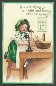 1912 PPC* VINTAGE ST PATRICKS DAY MAR 17 GIRL ON PHONE CLAPSADDLE SIGNED