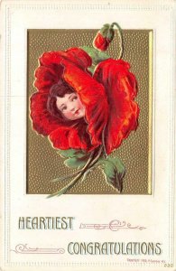 Greeting  HEARTIEST CONGRATULATIONS Smiling Girl~Red Flower Center 1903 Postcard