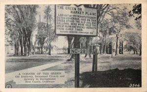 A CORNER OF THE GREEN ARMORY & CHURCH NEW CASTLE DELAWARE POSTCARD (1940s)