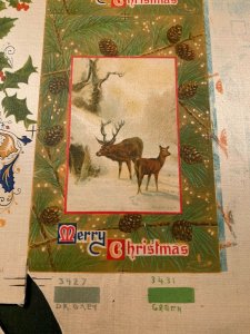 Antique 1910s Christmas Postcard Artwork Proof Sheet Uncut On Silk RARE