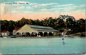 Postcard MO Henry County Clinton Artesian Well Boat House Flag Cancel 1921 H5