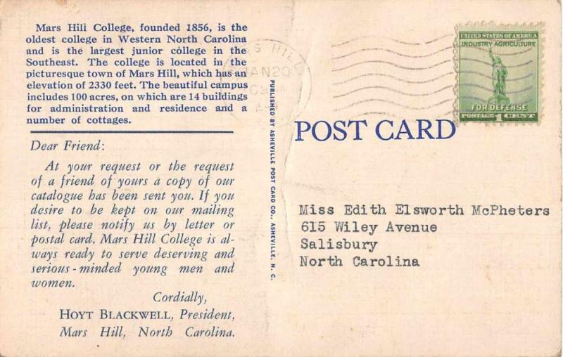 Mars Hill North Carolina Mars Hill College Science Building Postcard J51973