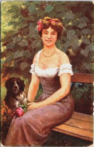 Artist Signed Art Jandl Nouveau Pretty Lady with Her Dog Vintage Postcard C188