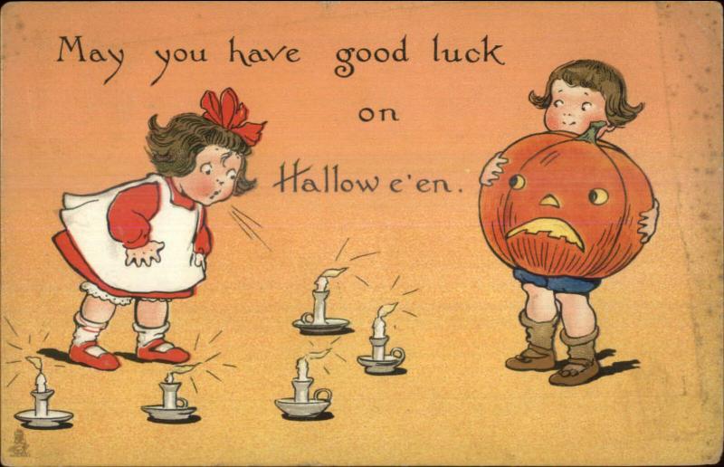 Halloween Little Girl Blowing Out Candles Boy w/ JOL TUCK 188 c1910 Postcard