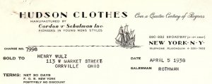 1938 HUDSON CLOTHES GORDON AND SCHULMAN N.Y. YOUNG MEN'S  BILLHEAD INVOICE Z499