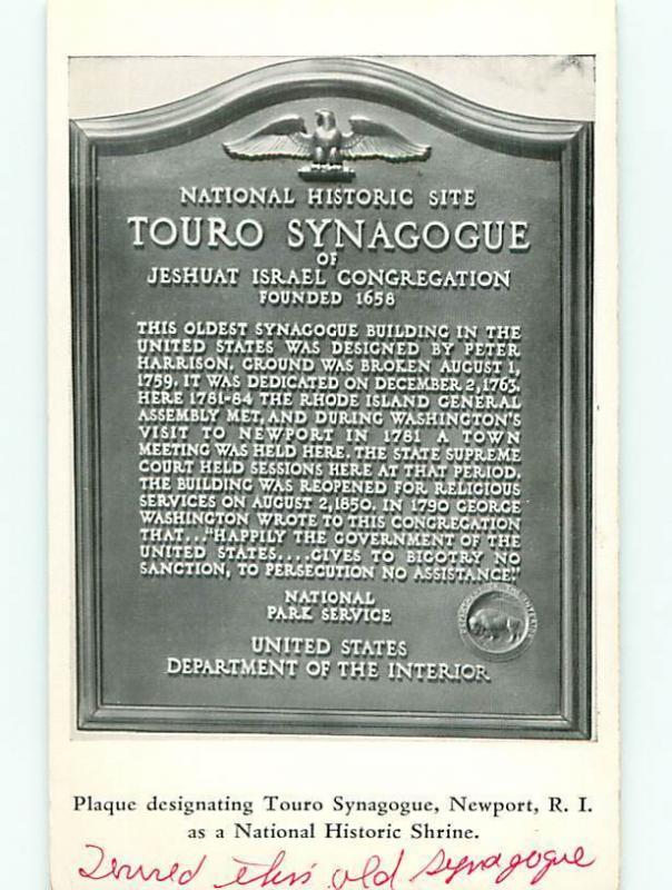 Vintage Post Card Jewish  Touro Plaque  Synagogue Newport  R I   # 4120