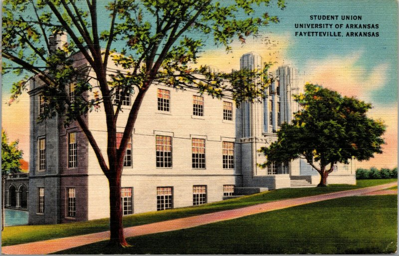 Vtg 1940s University of Arkansas Student Union Fayetteville AR Linen Postcard