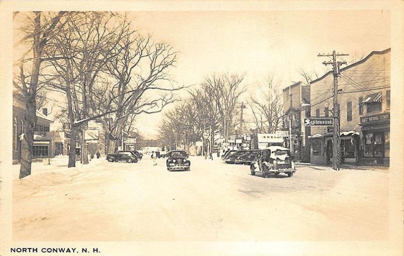 North Conway NH Snowy Street Scene Store Fronts Old Cars RP Postcard