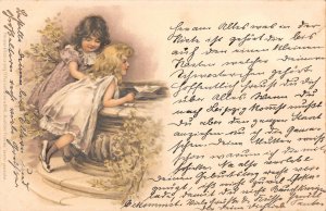 US3286 Little Girls Painting Postcard artist signed leipzig germany