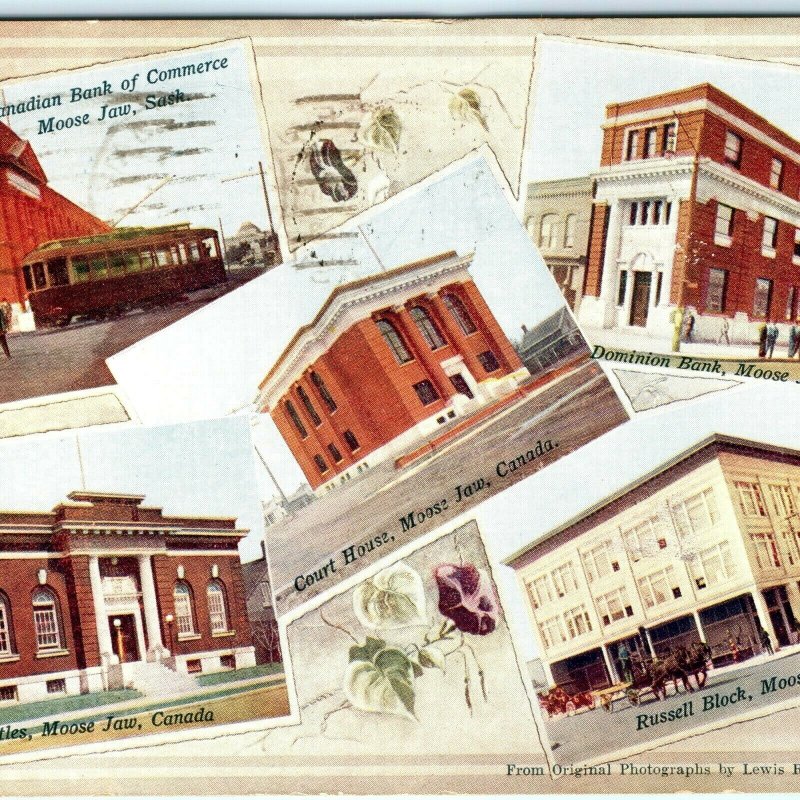 c1900s Moose Jaw, Sask Rare Multi View Postcard Bank Court Titles House Rice A51