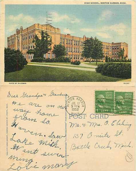 High School in Brenton Harbor, Michigan, MI, 1952 Linen