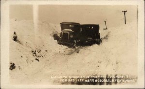 Cars Stuck in 15 Feet Snow Near Boscobel & Fennimore 1929 Real Photo Postcard