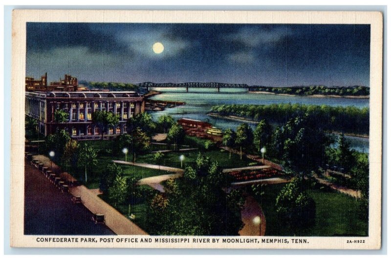 c1940 Confederate Park Post Office Mississippi River Night Memphis TN Postcard