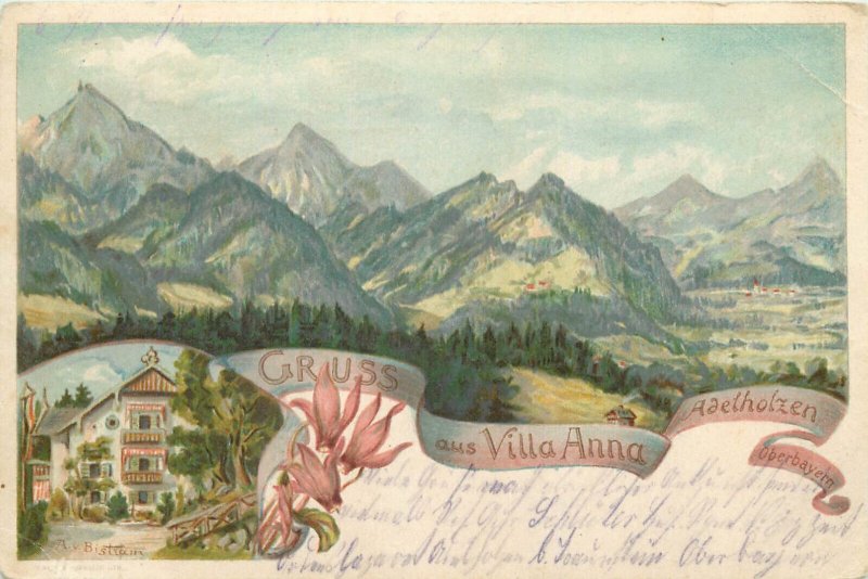Lithography Adelholzen, Hotel-Pension Villa Anna Germany Bavaria 1900 