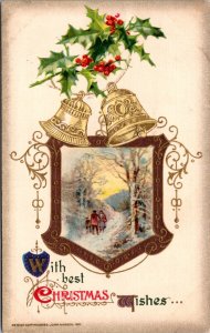 Winsch Christmas Postcard People Walking Through Snowy Woods Bells and Holly