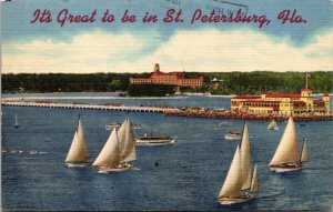 St Petersburg Florida Million Dollar Pier Sailboats Linen Cancel WOB Postcard 