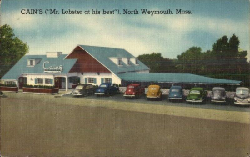 North Weymouth MA Cain's Restaurant Old Cars Lobster Linen Roadside Postcard