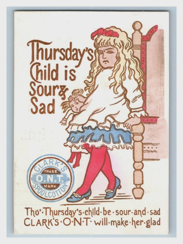 1880s Clark's ONT Spool Cotton Children Days-Of-The-Week Lot Of 3 F100