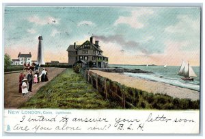 1907 Scenic View Light House Sail Boat New London Connecticut Vintage Postcard