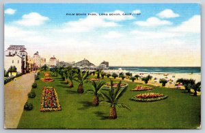 Long Beach CA~Palm Beach Park~Rollercoaster~Flowers~Palms~Linen 1940s Postcard