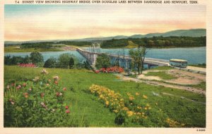 Vintage Postcard Sunset View Highway Bridge Douglas Lake Dandridge & Newport TN