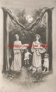 Art Nouveau Alphabet, RPPC, Rotary, Large Letter M, Women & Children