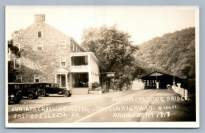 EVERETT PA JUNIATA CROSSING HOTEL BRIDGE CARS ANTIQUE REAL PHOTO POSTCARD RPPC