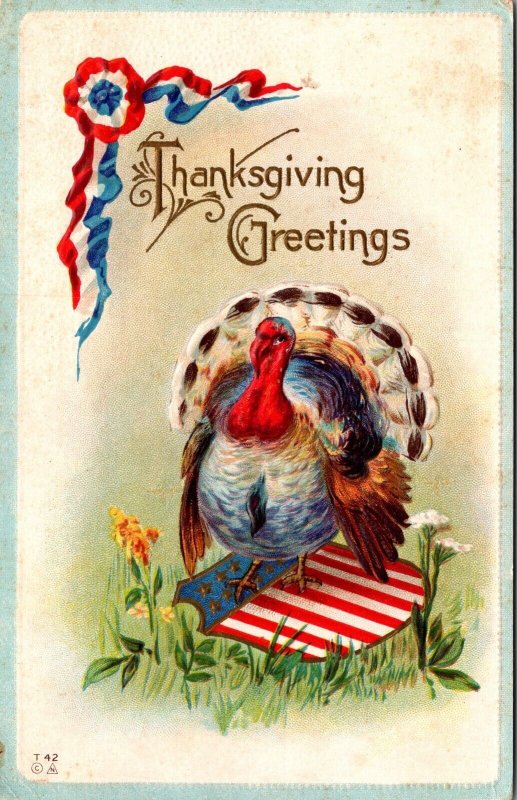 Patriotic Thanksgiving Greetings Postcard Turkey Standing on a Shield
