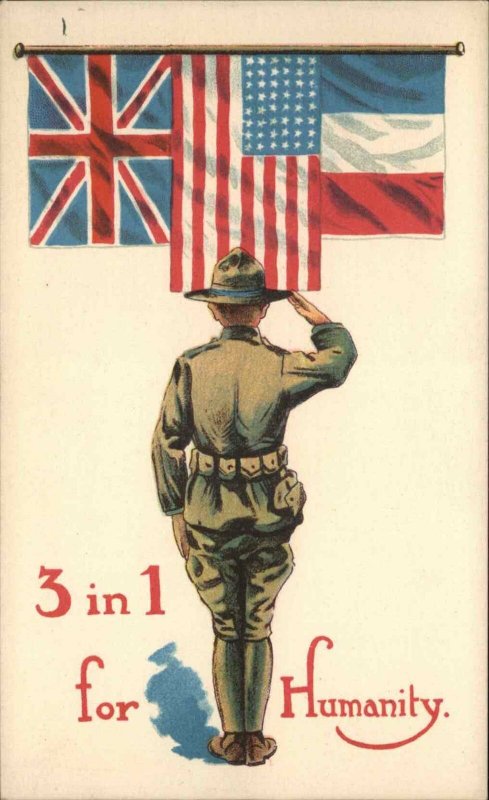 WWI US Propaganda Army Soldier Allied Flags 3in1 For Humanity Postcard