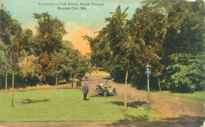 Kansas City MO Entrance to Cliff Drive, North Terrace Litho Postcard, Men, Car