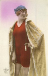 Postcard RPPC 1920s Sexy woman deco bathing suit fashion hand tint 23-12727