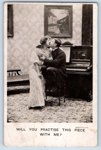 Grand Island Nebraska NE Postcard RPPC Photo Couple Romance Kissing Piano 1908
