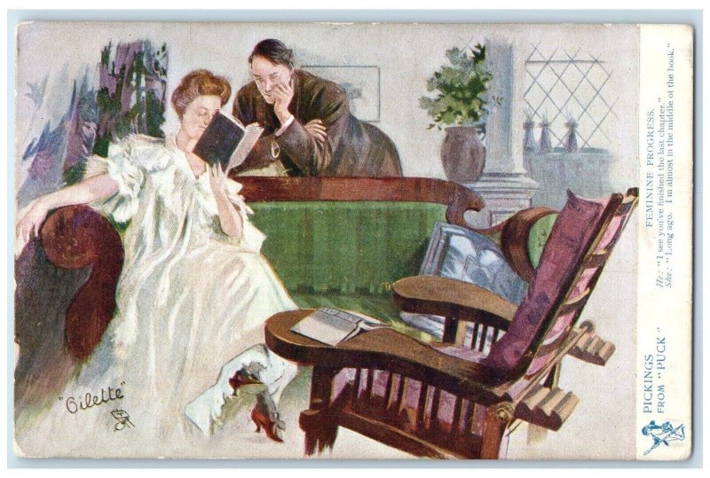 Pickings From Pack Feminine Progress Woman Reading Book Oilette Tuck's Postcard