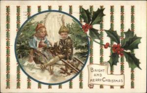 Christmas - Children on Sled Crash c1910 Postcard Printed in Germany