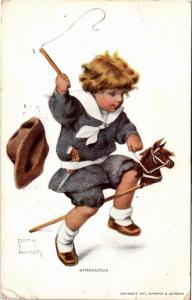 Strenuous, Boy Riding Hobby Stick Horse Bessie Pease Gutmann c1907 Postcard J02