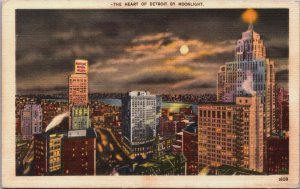 The Heart Of Detroit By Moonlight Michigan Linen Postcard C228