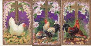 EASTER   CROSS / ROOSTER, HEN, CHICKS  3 Nash postcards