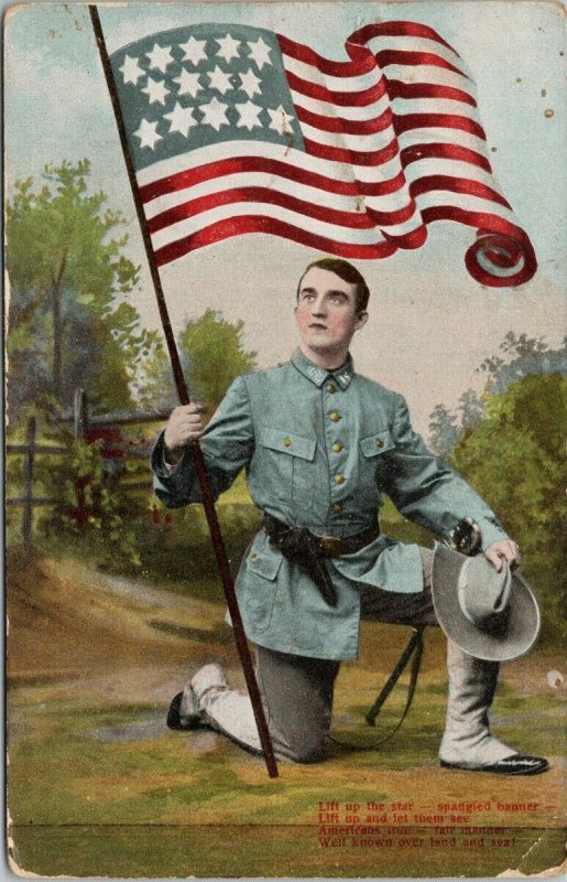 Soldier Kneeling with American Flag USA Star Spangled Banner c1910 Postcard F67