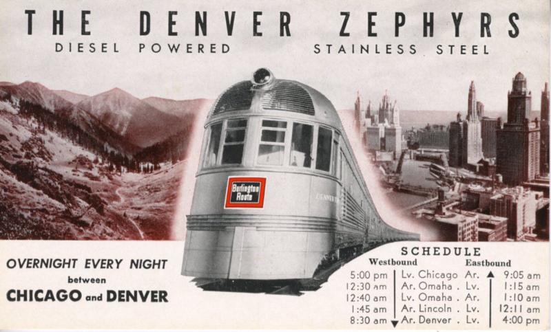 The Denver Zephyrs ~ Diesel Stainless Steel Train Denver to Chicago AD Postcard