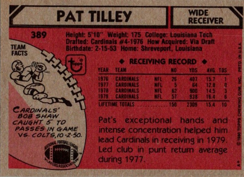 1980 Topps Football Card Pat Tilley WR Arizona Cardinals sun0402