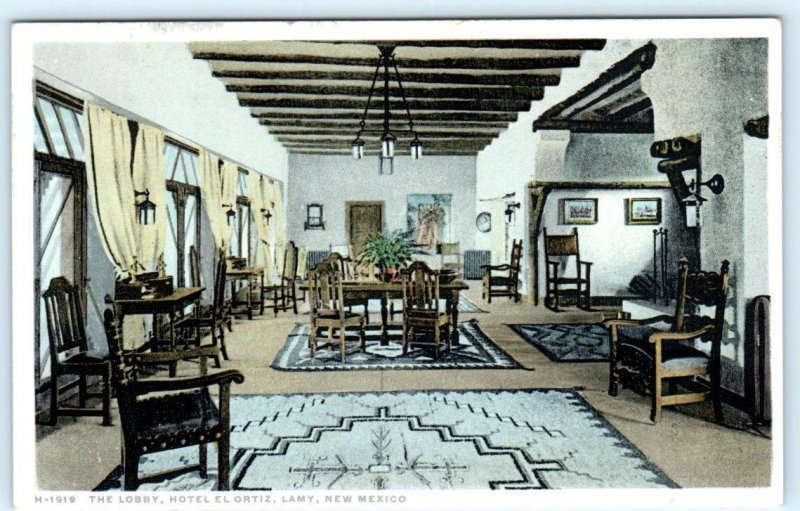 LAMY, New Mexico NM ~ Lobby HOTEL EL ORTIZ  1920s-30s Fred Harvey Postcard