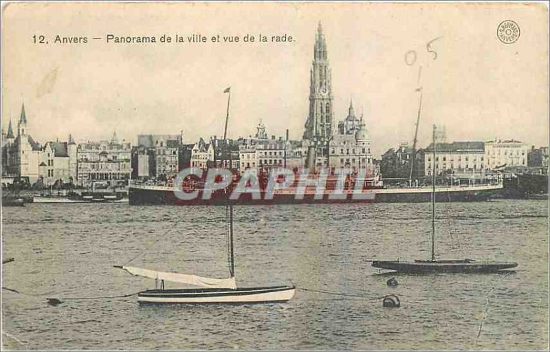 Old Postcard Antwerp Panorama of the City and to the harbor boat