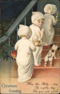 A/s CLAPSADDLE CHRISTMAS Children and Puppy Climb Stairs INT'L ART PUB Postcard