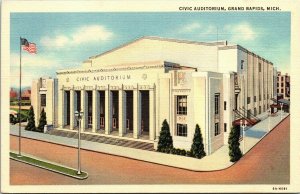 Civic Auditorium Grand Rapids Michigan MI Vintage Postcard American Flag Linen 